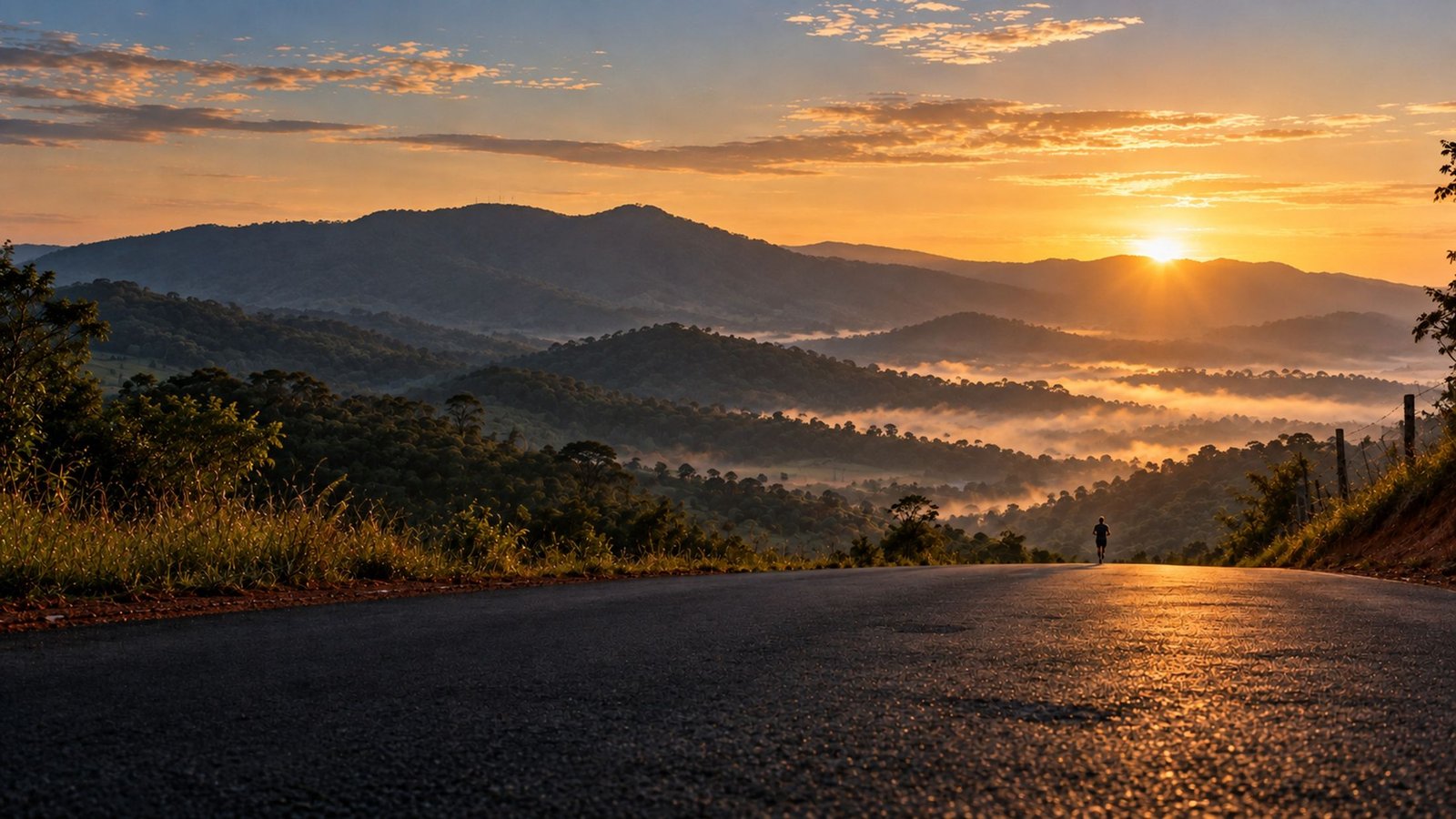 Serra do Japi ao amanhecer com um corredor ao longe na estrada